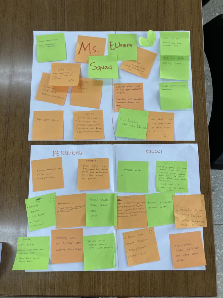 Feedback sheets with sticky notes written by participants in different colors, categorized by topics such as “Likes” and “Suggestions.”